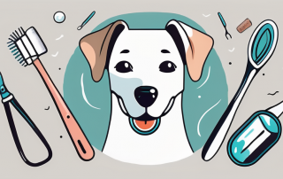 A dog sitting calmly while a variety of dental tools and toothbrushes are floating around it