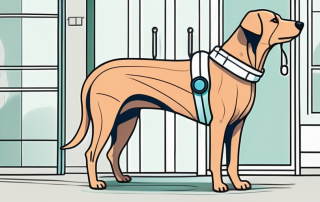 A dog wearing a bandage and a stethoscope around its neck