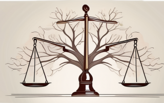 A balanced scale with legal documents on one side and a family tree on the other