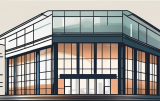 A commercial building with a protective shield symbol hovering above it