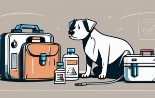 A worried looking dog sitting next to a medical kit