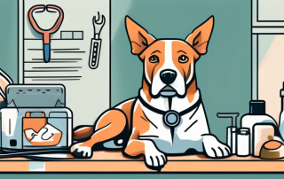 A worried looking dog with a bandage and a stethoscope