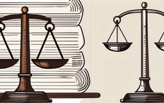 A balanced scale with legal documents on one side and a shield on the other