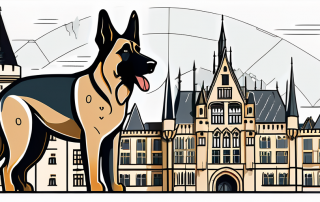 A german shepherd dog standing proudly in front of iconic landmarks of lower saxony (niedersachsen)