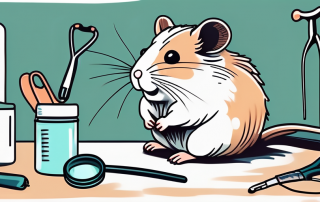 A hamster sitting on a small examination table with a stethoscope and various other veterinary tools nearby