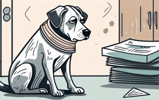 A worried dog with a bandage and a cone collar