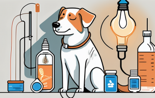 A dog undergoing a deworming process with visible cost tags attached to various deworming products
