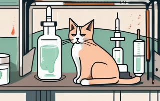 A cat sitting on a vet's examination table with a vaccine vial and syringe nearby