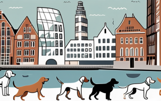 Several different breeds of dogs happily playing in front of iconic hamburg landmarks