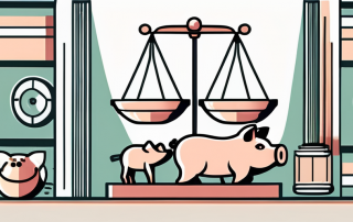 A scale of justice juxtaposed with a piggy bank