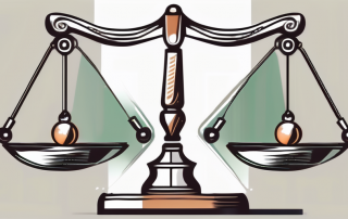 A balanced scale with a shield on one side and a gavel on the other