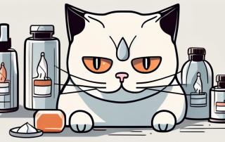 A sick cat with a tissue box and medicine bottles nearby