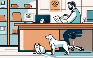 A veterinarian clinic with a pet on a table and a nearby desk with a paper bill on it