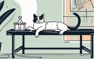 A cat sitting on a vet table with a vaccine syringe nearby