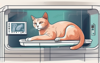 A cat lying inside a ct scan machine in a veterinary clinic environment