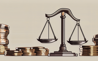 A balanced scale with a gavel on one side and a pile of coins on the other