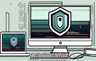 A computer with a digital shield symbol on the screen