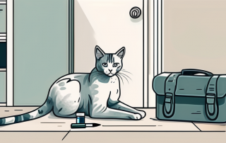 A house cat sitting next to a veterinarian's medical bag with a syringe and a vial of vaccine