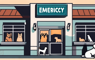 A local veterinary clinic at night with a lit emergency sign