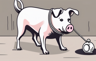 A dog with a leash standing next to a piggy bank