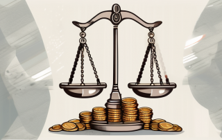 A balance scale with a gavel on one side and a pile of coins on the other