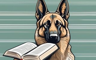 A german shepherd with a leash attached to a symbolic law book