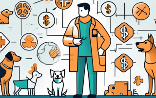 A veterinarian examining a dog with various insurance-related icons (like a shield