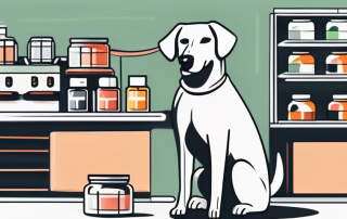 A dog sitting next to a variety of deworming products and a cash register