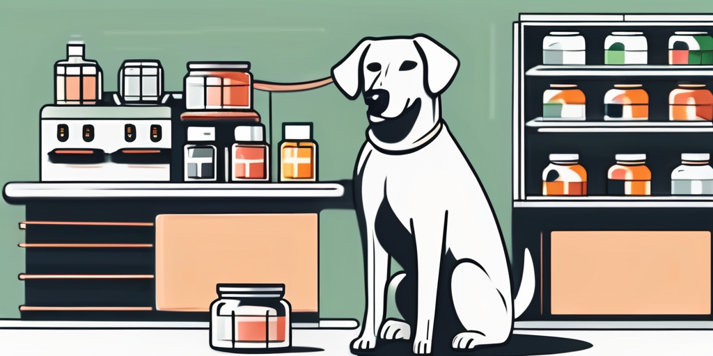 A dog sitting next to a variety of deworming products and a cash register