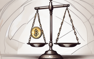 A balance scale where on one side there are legal gavels and on the other side there are coins