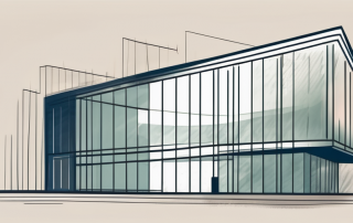 A corporate building with a protective shield symbol hovering over it