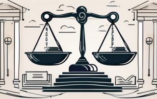 A balanced scale with different symbols of law (such as a gavel