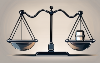 A balance scale with a gavel on one side and a shield on the other
