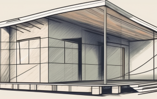 A sturdy house under construction with a protective shield symbol hovering over it