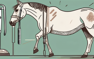 A horse undergoing a medical examination with various veterinary tools