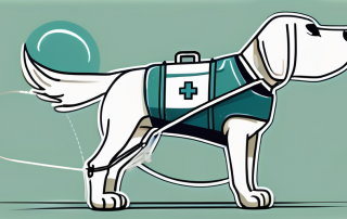 A dog wearing a protective bubble (representing insurance) with a medical kit and a leash nearby