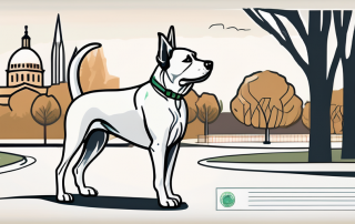 A dog on a leash standing in a park with recognizable landmarks of north rhine-westphalia (nrw) in the background