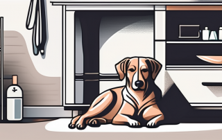 A home setting with a pet (such as a dog or cat) sitting comfortably