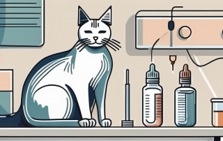 A cat sitting on a vet's examination table with a vaccine syringe nearby