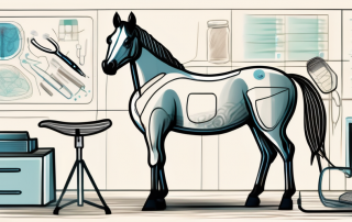 A horse in a medical setting with surgical tools and insurance documents nearby