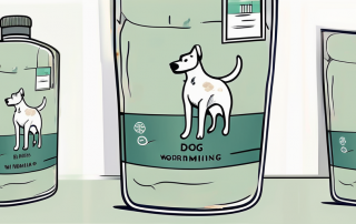 A dog next to a bottle of worming medicine