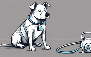 A dog wearing a bandage and a stethoscope around its neck