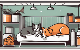 Various pet supplies such as a dog bed