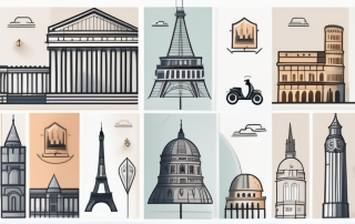 Various iconic european landmarks such as the eiffel tower