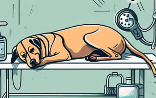 A distressed dog lying on a vet's table with medical equipment around