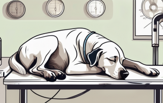 A dog peacefully asleep on a veterinary table with medical equipment around