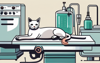 A cat lying on a veterinary operating table with medical tools nearby