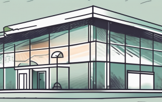 A corporate building with an insurance shield symbol hovering over it