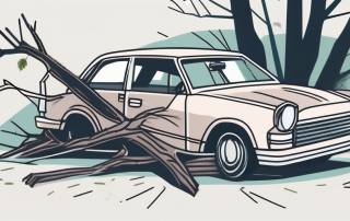 A damaged car with a broken windshield and a fallen tree branch beside it