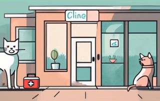 A pet cat and a pet dog looking at a veterinary clinic from afar